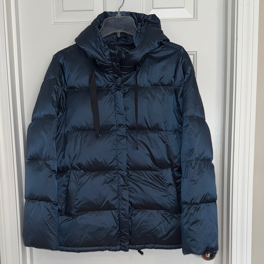 CHARLIE B Metallic Blue Hooded Puffer Jacket
